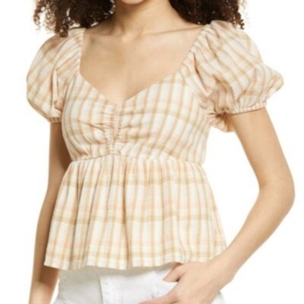 BP Neutral Tartan Puff Sleeve Top NWT